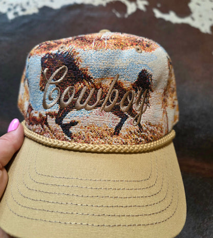 Western cowboy embroidered horse tapestry trucker hat